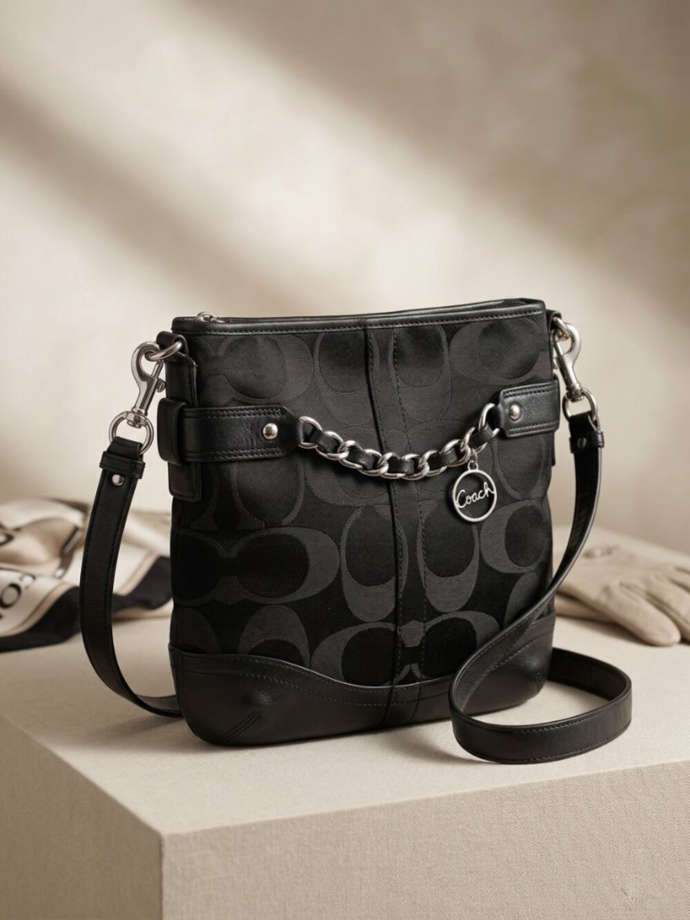 Coach Black Brown Signature Canvas & Leather Unisex Crossbody Bag Style F19730